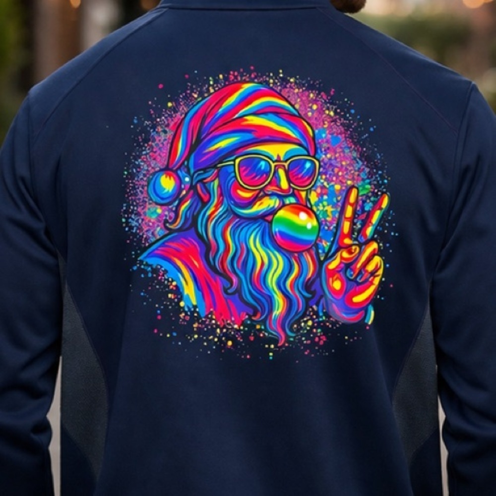 Champion Double Dry Full Zip Jacket Navy Blue Graphic Santa Peace Sign  Size M